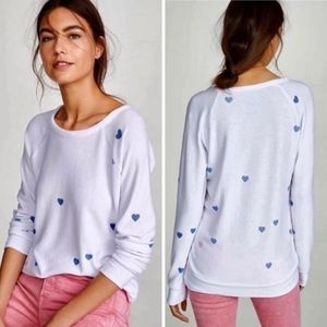 Chaser White Cozy Knit Blue Heart Sweatshirt Sz S